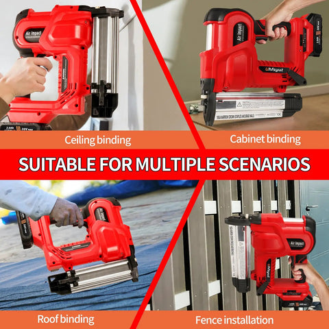 Heavy Duty 20V Cordless Brad Nailer And Stapler Kit Featuring Adjustable Depth Control in use for ceiling, cabinet, roof, and fence binding.