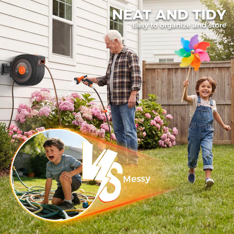 Heavy Duty Retractable Garden Hose Reel 100 Feet Half Inch For Outdoor Use With Wall Mount And 180 Degree Swivel Auto Rewind