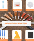 Top Shelf Wood Filler Repair Kit With Durable Putty To Easily Patch Up Deep Scratches Cracks And Dents On Beat Up Furniture Sweet Finish Pro Fix Set, showing three walnut color fillers, tools, and palette.