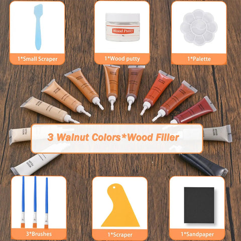 Top Shelf Wood Filler Repair Kit With Durable Putty To Easily Patch Up Deep Scratches Cracks And Dents On Beat Up Furniture Sweet Finish Pro Fix Set, showing three walnut color fillers, tools, and palette.