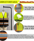Crew Job Site Ready And Built Dang Tough High Visibility Mesh Reflective Safety Vest Fluorescent Yellow With Durable Black Hem For Superior Daylight Visibility with mic-clip and multifunctional pockets on display.