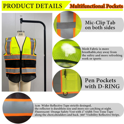 Crew Job Site Ready And Built Dang Tough High Visibility Mesh Reflective Safety Vest Fluorescent Yellow With Durable Black Hem For Superior Daylight Visibility with mic-clip and multifunctional pockets on display.
