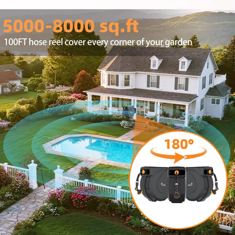 Heavy Duty Retractable Garden Hose Reel Workhorse Five Eighth Inch By One Hundred Feet, Wall Mounted With Ten Function Sprayer Nozzle, featuring 180-degree swivel at a large house with pool.