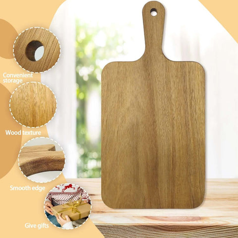 Acacia wood cutting board with handle, front view, natural wood grain, 13.8 x 7 in