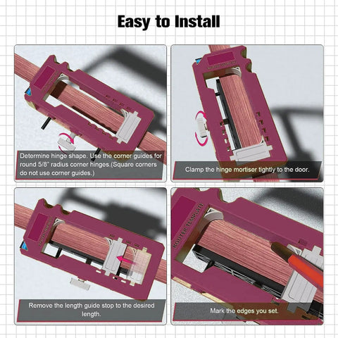 Four-step guide using Door Hinge And Latch Installation Kit With Plastic Mortiser Template for precise door installation.