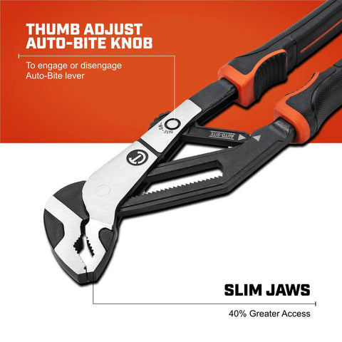 Close-up of 10 Inch Auto Bite Lever Pliers with One Hand Jaw Adjustment Cushioned Grip on white background