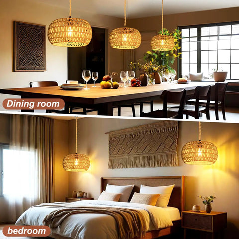 Plug And Play Rattan Pendant Light With Authentic Boho Farmhouse Charm illuminating dining and bedroom spaces, showcasing handwoven shade.