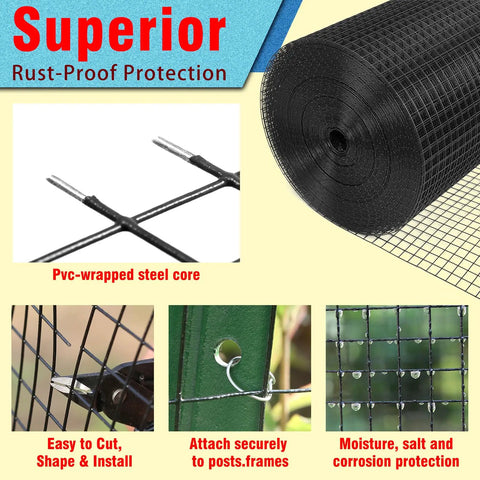 Heavy Duty Black Vinyl Coated Hardware Cloth 1/2 X 48 X 100 Foot 19 Gauge Welded Wire Fence Mesh with PVC-wrapped steel core.