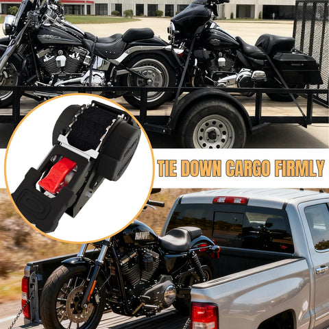 Beefy Heavy Duty Retractable Ratchet Straps 1 Inch By 12 Feet With 1760 Lbs Break Strength Cargo Securing System For Motorcycle UTV ATV And Trailer Black 4 Pack securing motorcycles on trailer and truck bed.