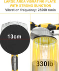 Tile Vibration Tool For 20V Battery With 8 Speed Leveling showing 13cm plate, 330lb suction, 25000 RPM frequency