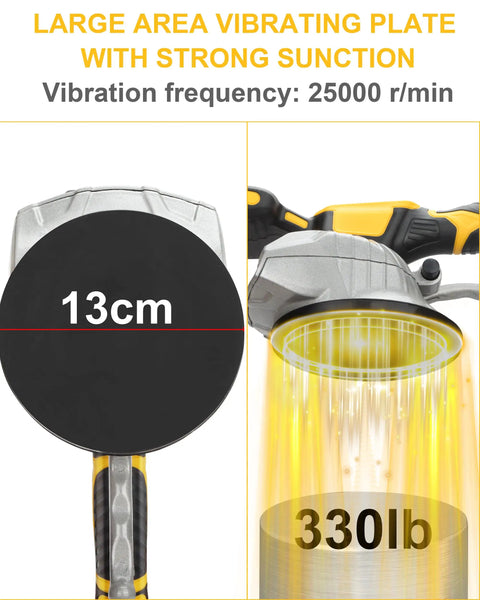 Tile Vibration Tool For 20V Battery With 8 Speed Leveling showing 13cm plate, 330lb suction, 25000 RPM frequency