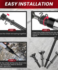 Installation steps for Five Piece Smoothing Air Hammer Bits Kit With 10mm Shank, showing chisel, spring, and hammer assembly.