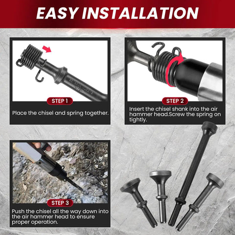 Installation steps for Five Piece Smoothing Air Hammer Bits Kit With 10mm Shank, showing chisel, spring, and hammer assembly.