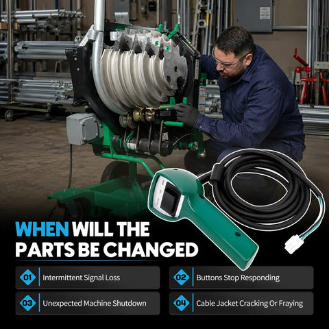 Technician working on Greenlee 555C bender with Rigged Up Greenlee 555C And 854 Quad Bender Electric Conduit Pipe Wire Puller Pendant Control Switch With Cables.