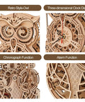 Owl 3D Wooden Puzzle Clock Kit For Adults And Kids Desk Clock Model, close-up of wooden owl clock dial