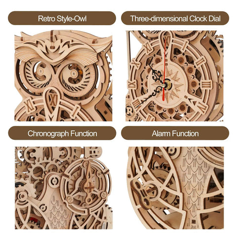 Owl 3D Wooden Puzzle Clock Kit For Adults And Kids Desk Clock Model, close-up of wooden owl clock dial