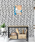 Black And White Peel And Stick Wallpaper Leaf Contact Paper 17.7 Inch By 590.4 Inch For Bathroom And Living Spaces Self Adhesive Decorative Wallpaper Easy Install Oriental Ink Style Slick Modern Vibe 72.5 Sq Ft applied on a wall with art and potted plant