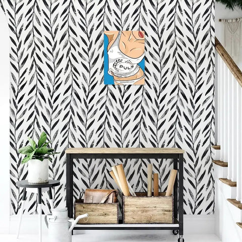 Black And White Peel And Stick Wallpaper Leaf Contact Paper 17.7 Inch By 590.4 Inch For Bathroom And Living Spaces Self Adhesive Decorative Wallpaper Easy Install Oriental Ink Style Slick Modern Vibe 72.5 Sq Ft applied on a wall with art and potted plant