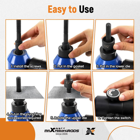 Steps for using Beast 8-Ton Hydraulic Knockout Punch Kit with 360° swivel head for electrical conduit and metal sheets.