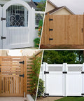 Genuine 5 Inch Matte Black Door Hinges 4 Pack Heavy Duty Gate Hardware on various styled gates in outdoor settings.