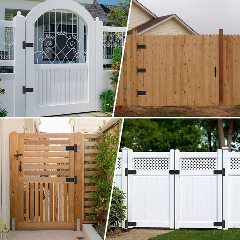 Genuine 5 Inch Matte Black Door Hinges 4 Pack Heavy Duty Gate Hardware on various styled gates in outdoor settings.