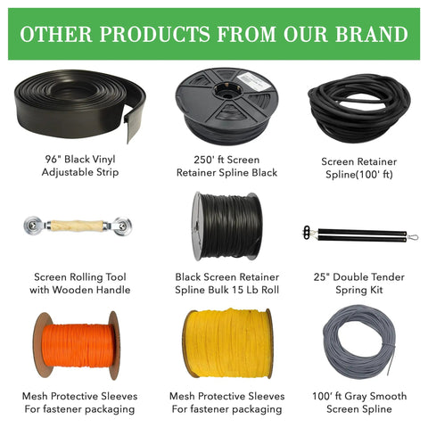 Image showing various screen repair products including 0.315 Inch Flat Screen Spline Roll 100 Feet Black Vinyl Retainer.