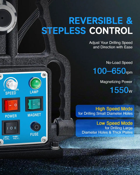 Close-up view of control panel on Beast Magnetic Drill Press With 1550W Power For Fast Holes, featuring speed and direction settings.