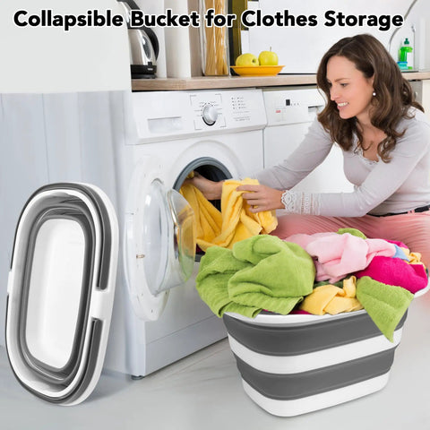Woman using Collapsible 16L Mop Bucket, BPA Free Silicone And PP, Heavy Duty Portable Cleaning Bucket for laundry near washer