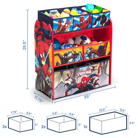 Kid Friendly Multi Bin Toy Organizer With Spider Man Graphics For Kids Ages 3 And Up Durable Wood And Fabric Storage Unit for toys