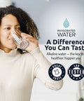 Woman drinking water with text promoting PH002 Alkaline Water Filter Cartridge for Pitchers and Ultrafiltration Systems Replacement Filter 264 Gallons Per Filter 3 Pack Removes Rust Sand and Silt While Preserving Minerals Like Calcium and Magnesium