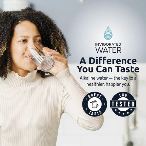 Woman drinking water with text promoting PH002 Alkaline Water Filter Cartridge for Pitchers and Ultrafiltration Systems Replacement Filter 264 Gallons Per Filter 3 Pack Removes Rust Sand and Silt While Preserving Minerals Like Calcium and Magnesium