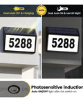 Day and night view of Solar Powered LED House Numbers For Outdoor Use With Weatherproof Black Address Sign Plaque, mounted on wall.