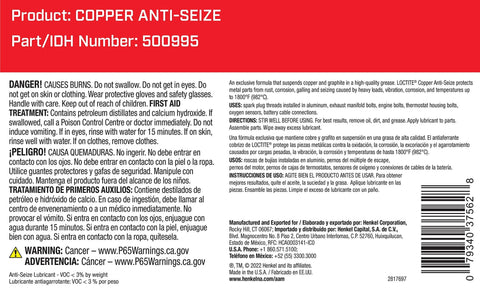 Copper Anti-Seize Lubricant Workhorse Brush-Top Bottle label showing safety warnings and product information.