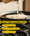 Seasoned Cast Iron Square Griddle Pan, 11 Inch Durable Cookware for Pancakes on stove with cooking tips text overlay