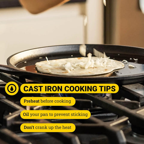 Seasoned Cast Iron Square Griddle Pan, 11 Inch Durable Cookware for Pancakes on stove with cooking tips text overlay