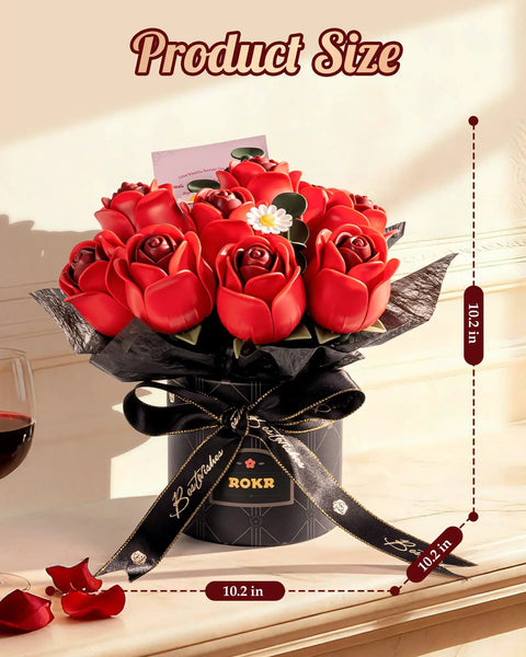 3D Puzzles DIY Flower Kit Burgundy Rose Bouquet With White Daisies And Eucalyptus Snap Together For Realistic Forever Fresh Home Decor Dope Gift Box Set, 10.2 in