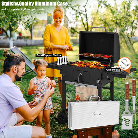 Family grilling outdoors with Deluxe 35-Piece BBQ Tools Set For Men And Dad With Stainless Steel Grill Utensils and case nearby