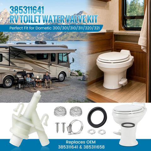 Killer Quality RV Toilet Water Valve Replacement Kit For Dometic 300 310 320 Models showing valve and components for easy installation.