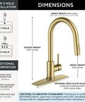Slick Brushed Gold Kitchen Faucet With Pull Down Sprayer And Dual Spray Modes High Arc Spout Design dimensions image