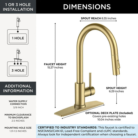 Slick Brushed Gold Kitchen Faucet With Pull Down Sprayer And Dual Spray Modes High Arc Spout Design dimensions image