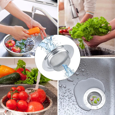 Rock Solid 2 Pack Kitchen Sink Strainer Set No Sweat Stainless Steel Drain Filter in use washing vegetables.