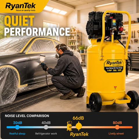 Worker using 15 Gallon Air Compressor With 2 HP Twin Cylinder Vertical Tank 4.5 CFM At 90 PSI Quiet 66 dB Oil Free 125 PSI Max indoors