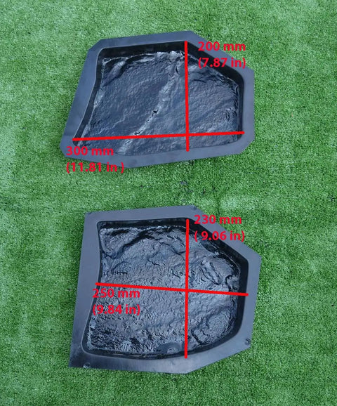 Two ABS molds from Six Piece Concrete Molds Set For Flagstone Pavement Stones DIY Kit ABS Plastic Molds For Garden Walkways And Patio Pavers Easy To Use Outdoor Stone Path Maker, shown with measurements.