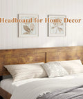 Rustic King Size Wooden Platform Bed Frame With Tall Headboard Open Horizontal Bar Design Natural Wood Grain Farmhouse Bedroom Foundation Built Different For Total Sleep Vibes, close-up of headboard and pillows.