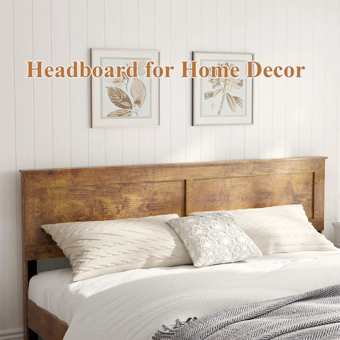 Rustic King Size Wooden Platform Bed Frame With Tall Headboard Open Horizontal Bar Design Natural Wood Grain Farmhouse Bedroom Foundation Built Different For Total Sleep Vibes, close-up of headboard and pillows.