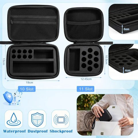 2 Piece Peptide Vial Storage Case Pack for 3ml 10ml Vials and 30ml BAC Water with mesh pocket and dimensions displayed