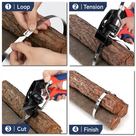 One-Handed Stainless Zip Tie Gun Kit with 100 11.8 Inch Metal Cable Ties and Release Tool WCT-319 in use on logs