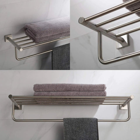 Ventus Bathroom Shelf With Towel Bar In Brushed Nickel Finish Built From Solid Brass Heavy Duty Build That Resists Rust And Holds Towels Toiletries And Washcloths Like A Boss With Lifetime Limited Warranty installed on white tile wall holding folded towels
