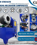 Heavy Duty Electric Hydraulic Hose Crimping Machine Workhorse With Ten Interchangeable Dies For One Quarter To Two Inch Steel And Oil Pipes details, showcasing locking mechanism components and quality alloy steel.