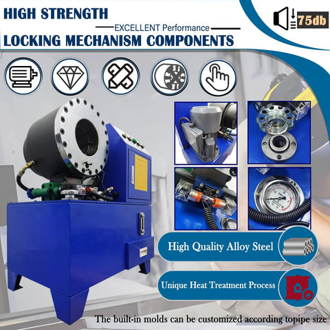 Heavy Duty Electric Hydraulic Hose Crimping Machine Workhorse With Ten Interchangeable Dies For One Quarter To Two Inch Steel And Oil Pipes details, showcasing locking mechanism components and quality alloy steel.